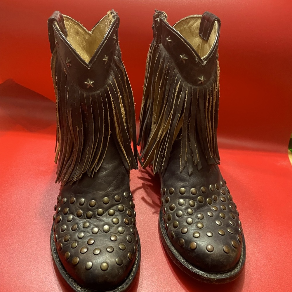 Brown Fringe Studded Cowboy Boots